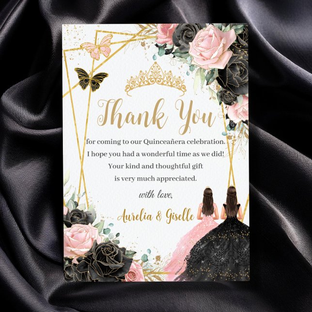 Twins Quinceañera Sweet 16 Black Pink Floral Thank You Card (twins quinceanera sweet 16 black and pink roses floral gold geometric princesses thank you cards)