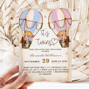 Twins Rustic Bear Boy & Girl Pink Blue Baby Shower Invitation