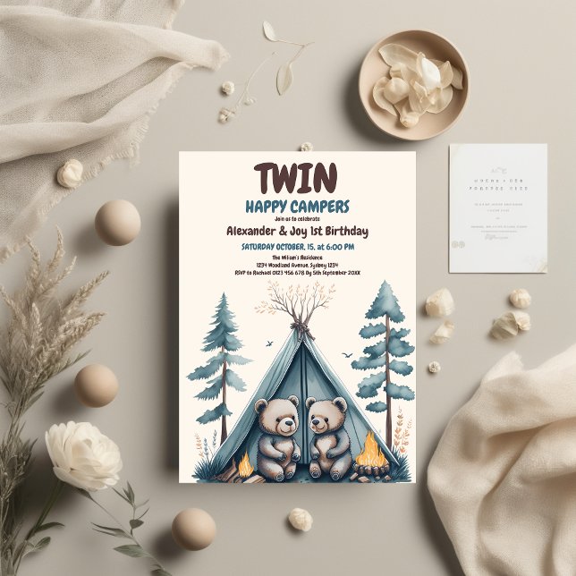 Twins Rustic One Happy Camper Birthday Invitation (Creator Uploaded)