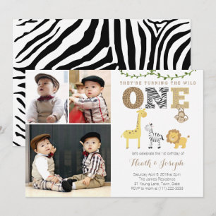 Twins Safari 1st Birthday Party, Multiple Photos Invitation