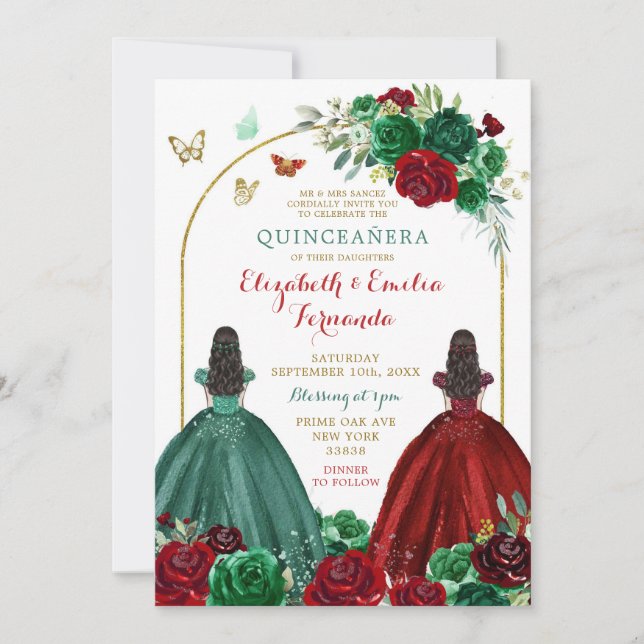 Twins Sisters Hunter Green Red Rose Quinceañera Invitation (Front)