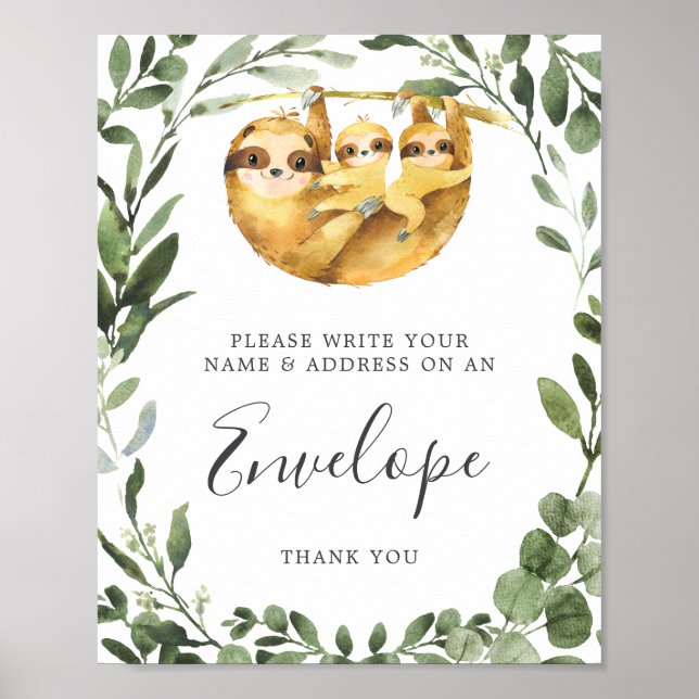 Twins Sloth Baby Shower Address Envelope Sign (Front)