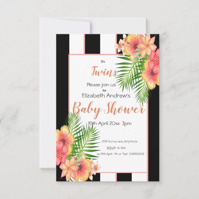 Twins Striped Floral Baby Shower Invitation (Front)