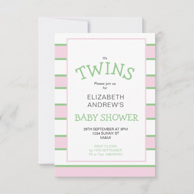 Twins Striped  Pink Green Baby Shower Invitation (Front)