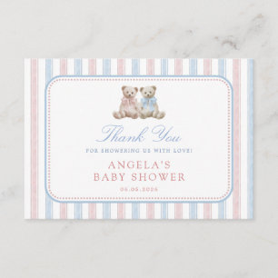 Twins Stripes & Teddy Bears Baby Shower Thank You  Enclosure Card