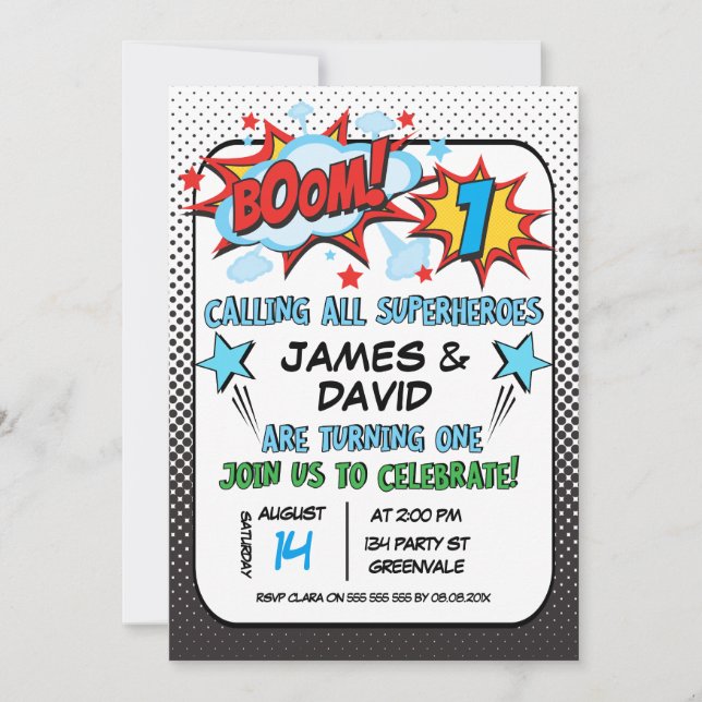 Twins Superhero 1st Birthday Invitation (Front)