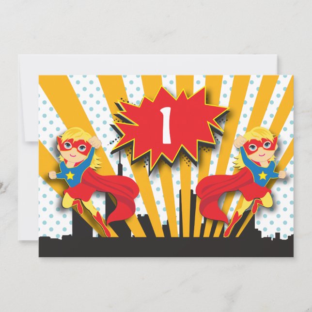 Twins Superhero Birthday  |  Blonde Girls Invitation (Front)