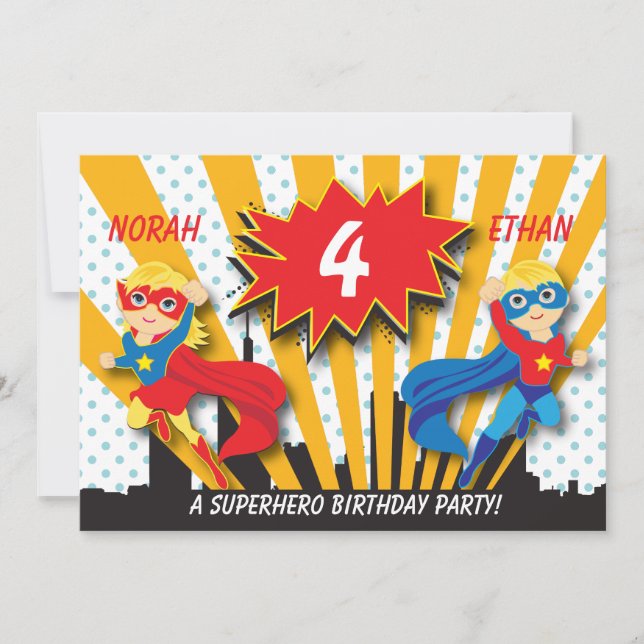 Twins Superhero Birthday  |  Blonde Invitation (Front)