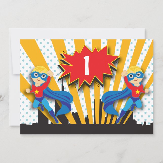 Twins Superhero Birthday  |  Blonde Invitation (Front)