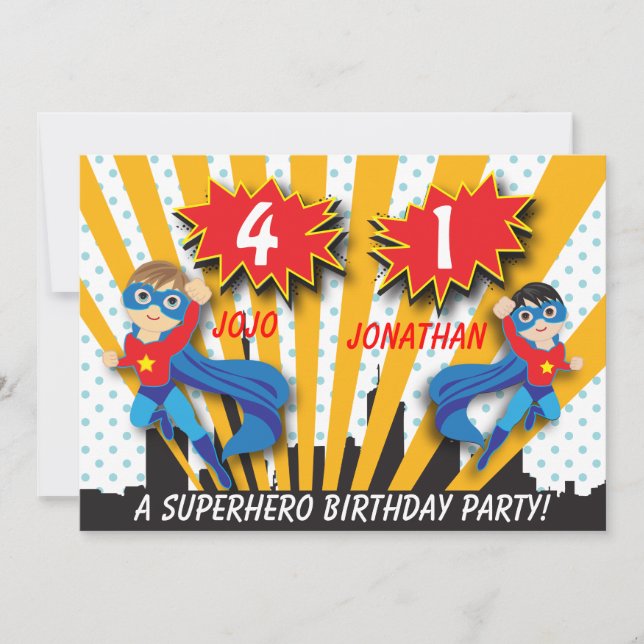 Twins Superhero Birthday | Boys Brown/Black Hair Invitation (Front)