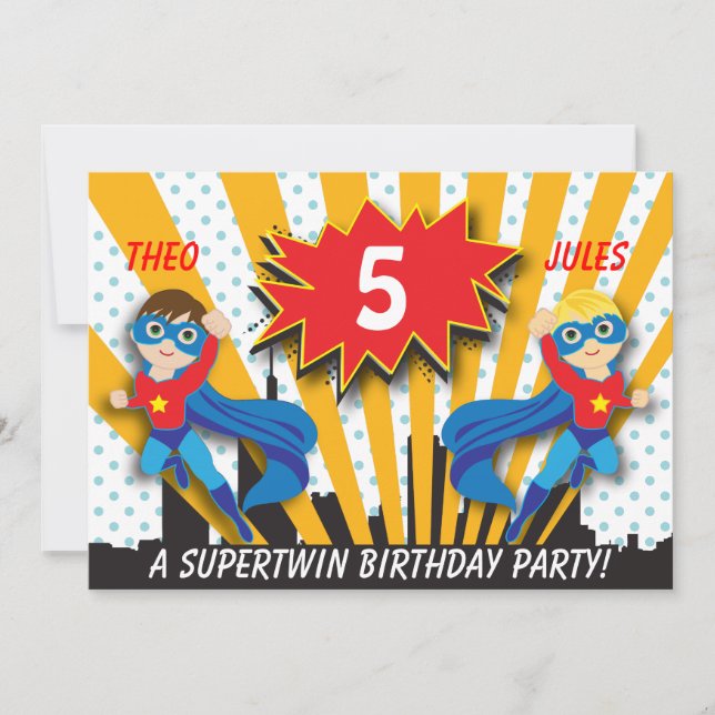 Twins Superhero Birthday | Boys Brown/Blonde Hair Invitation (Front)