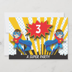 Twins Superhero Birthday     Boys Brown Hair Invitation