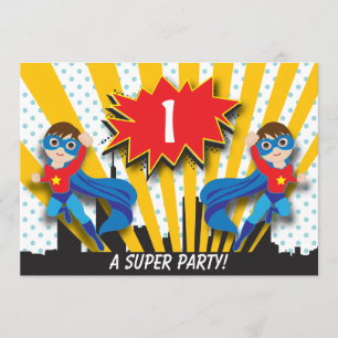 Twins Superhero Birthday Boys Brown Hair Invitation