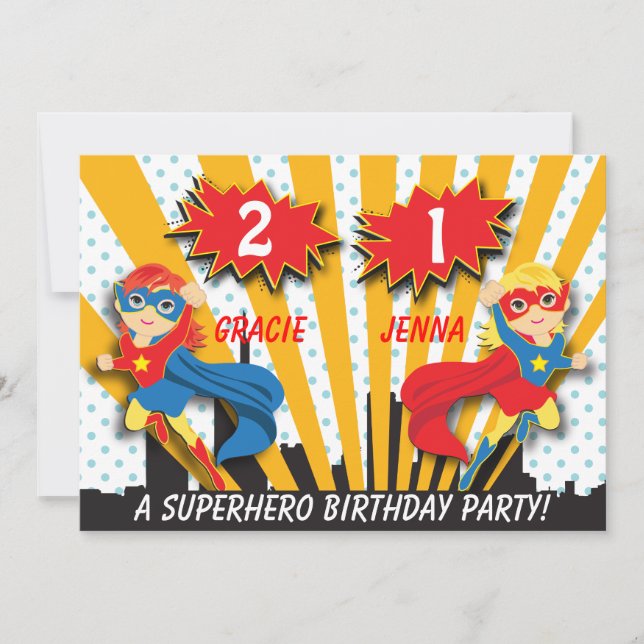Twins Superhero Birthday | Girls Red/Blonde Hair Invitation (Front)
