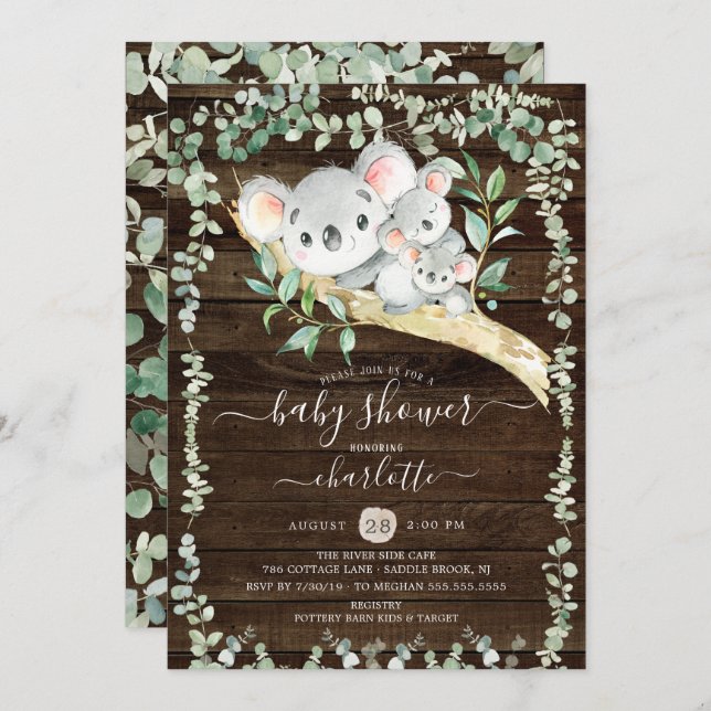 Twins Sweet Koala Bears Baby Shower Invitation (Front/Back)