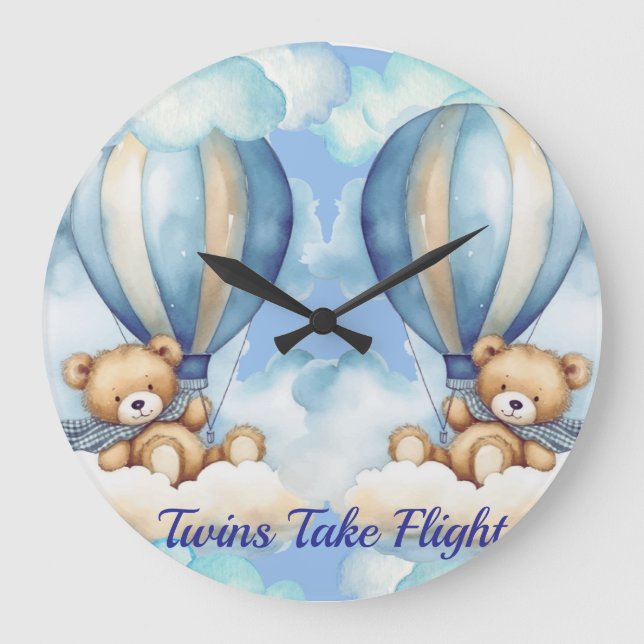 Twins Take Flight Nursery Large Clock (Front)