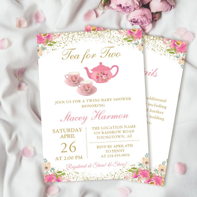 Twins Tea Party Floral Baby Shower With Details Invitation (Creator Uploaded)