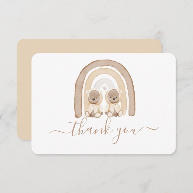 Twins Teddy Bear and Rainbow thank you card (Front/Back)