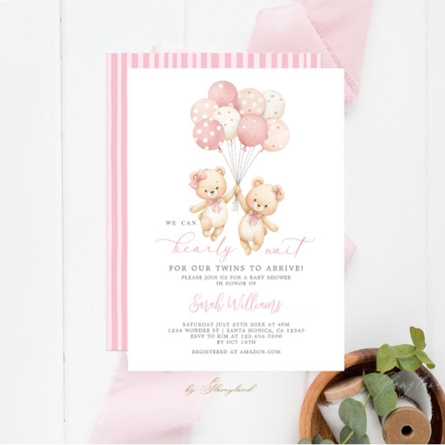 Twins Teddy Bear Baby Shower Girl Invitation (Creator Uploaded)