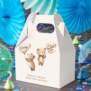 Twins Teddy Bear Balloons 1st Birthday Favour Box