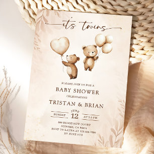 Twins Teddy Bear Balloons Baby Shower Invitation