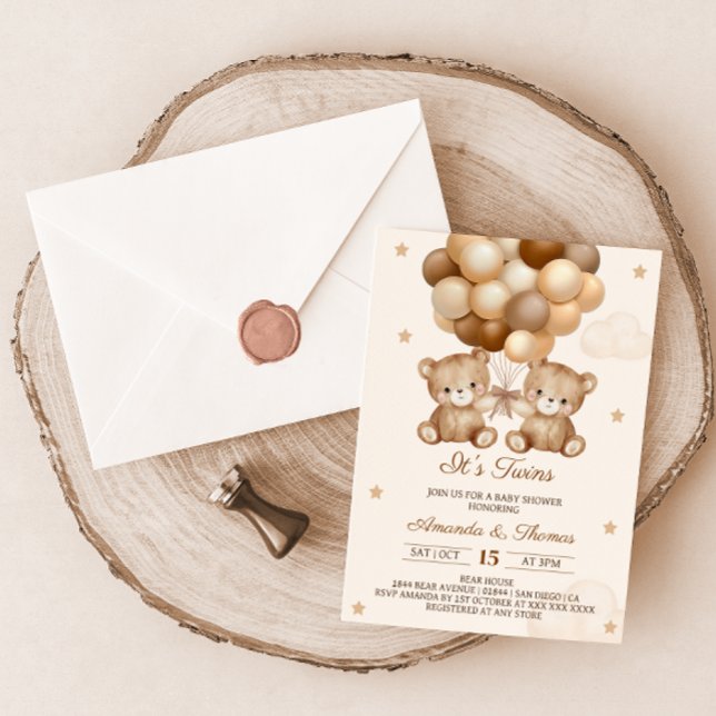 Twins Teddy Bear Neutral Balloon Baby Shower Invitation (Creator Uploaded)