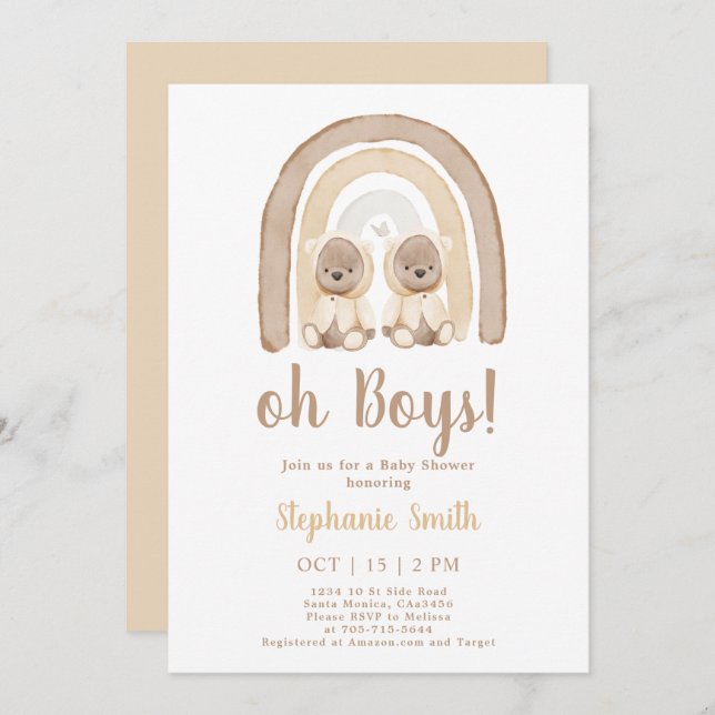 Twins Teddy bear Rainbow Baby Shower Invitation (Front/Back)
