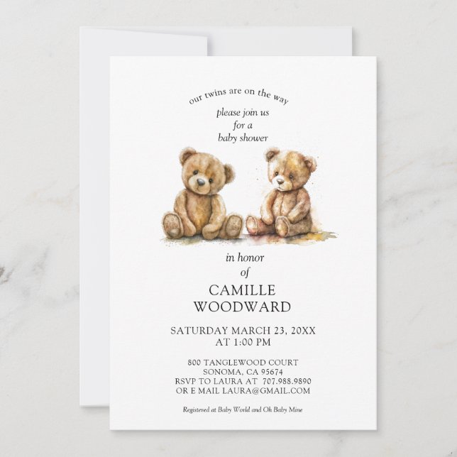 Twins Teddy Bears Baby Shower Invitation (Front)