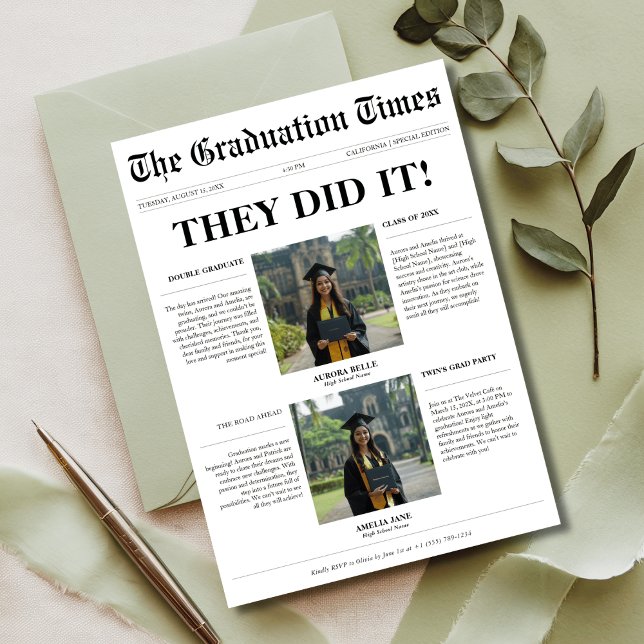 Twins They Did It Graduation Newspaper Photo Party Invitation (Creator Uploaded)