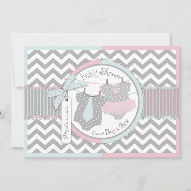 Twins Tie Tutu Chevron Baby Shower Invitation (Front)