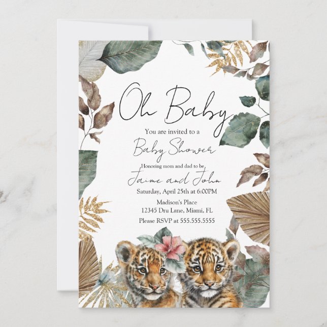 Twins Tiger Jungle Wild Details Baby Shower Invitation (Front)