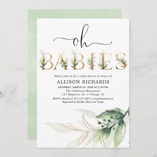 Twins triplets gender neutral greenery baby shower invitation (Front/Back)