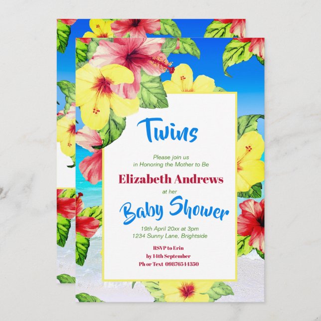 Twins Tropical Flower  Beach Floral  Baby Shower Invitation (Front/Back)