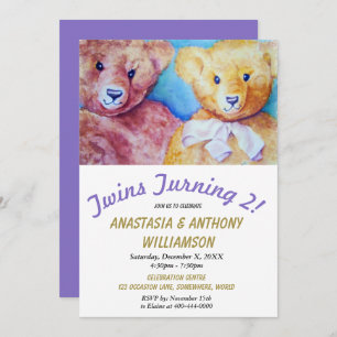 TWINS TURNING 2 with TEDDY BEARS PARTY INVITATION