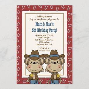 TWINS Twin Boys Western Cowboy Monkey 5x7 Birthday Invitation