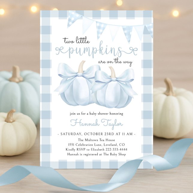 Twins Two Little Pumpkins Blue Bow Baby Shower Invitation (Creator Uploaded)