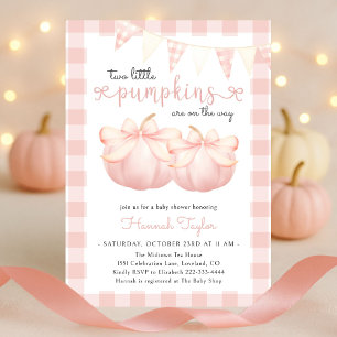 Twins Two Little Pumpkins Pink Bow Baby Shower Invitation