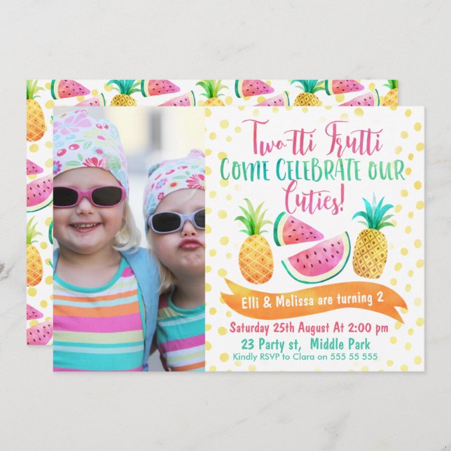 Twins Two-tti Frutti Photo 2nd Birthday Invitation (Front/Back)