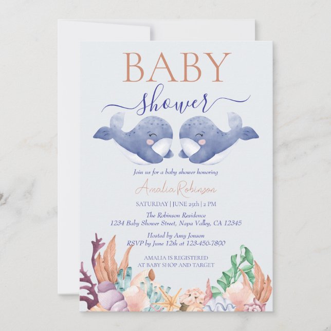 Twins Under the Sea Whale Watercolor Baby Shower Invitation (Front)