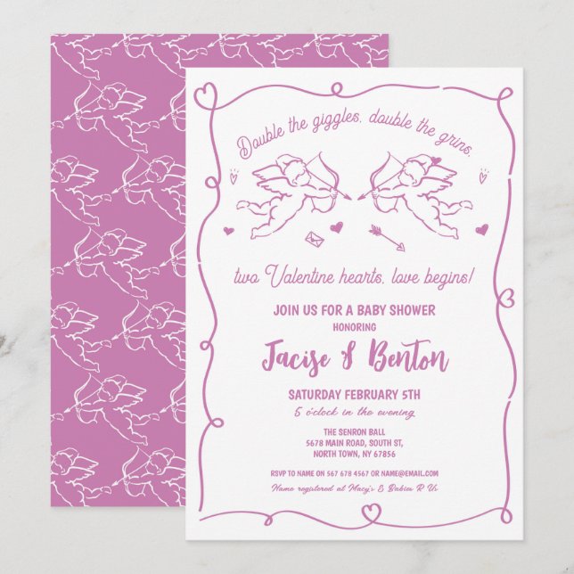 Twins Valentines Baby Shower Cupid Girl Pink Love Invitation (Front/Back)