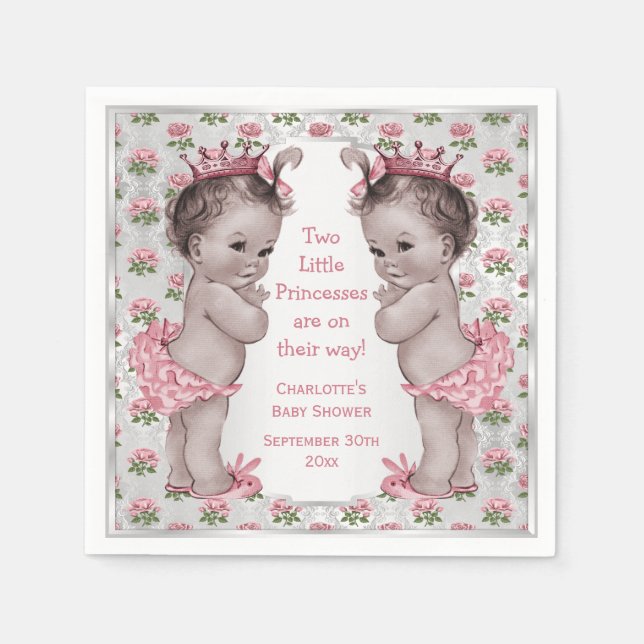 Twins Vintage Princess Roses Silver Baby Shower Napkin (Front)