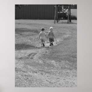 twins walking black and white poster