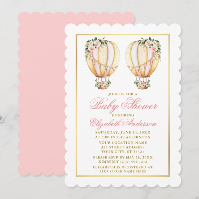 Twins Watercolor Pink Floral Balloons Baby Shower Invitation (Front/Back)