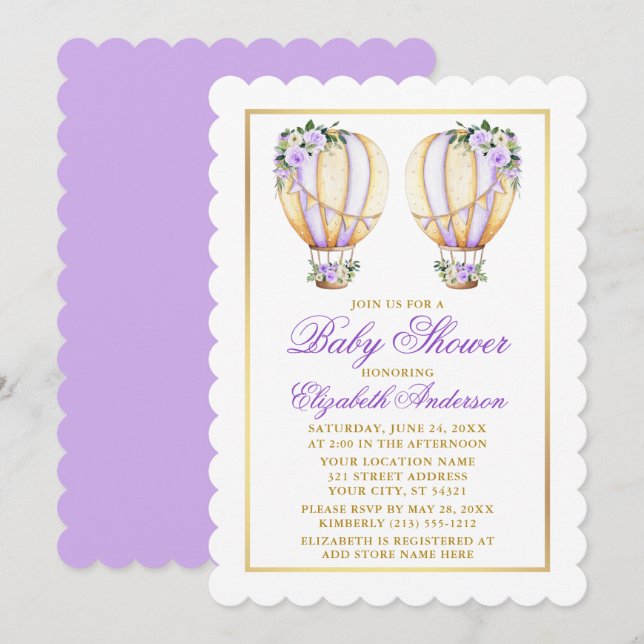 Twins Watercolor Purple Floral Balloon Baby Shower Invitation (Front/Back)