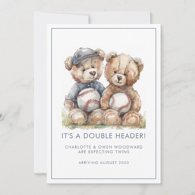 Twins Watercolor Teddy Bears Pregnancy Announcement (Front)