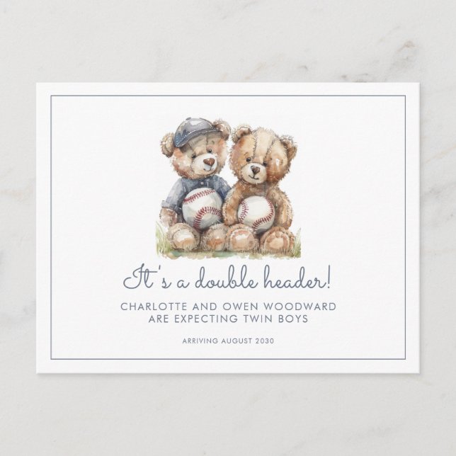 Twins Watercolor Teddy Bears Pregnancy Announcement Postcard (Front)