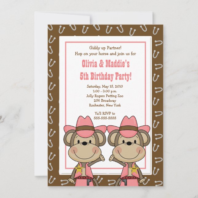 TWINS Western Cowgirl Monkey 5x7 Birthday Invitation (Front)