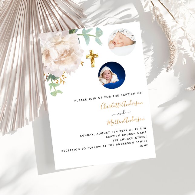 Twins white floral photo gender neutral Baptism Invitation (Creator Uploaded)