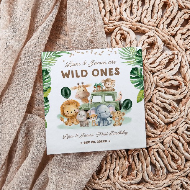 Twins Wild One 1st Birthday Safari Animals Napkin (Creator Uploaded)
