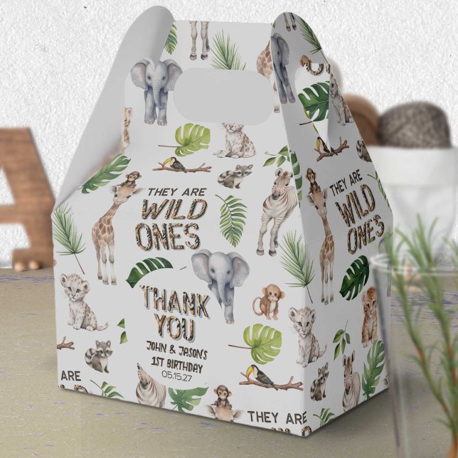 Twins Wild One Baby Boys 1st birthday Safari  Favour Box (Twins Baby Boys 1st birthday, Wild One Safari Animals Themed Birthday  favor box.)